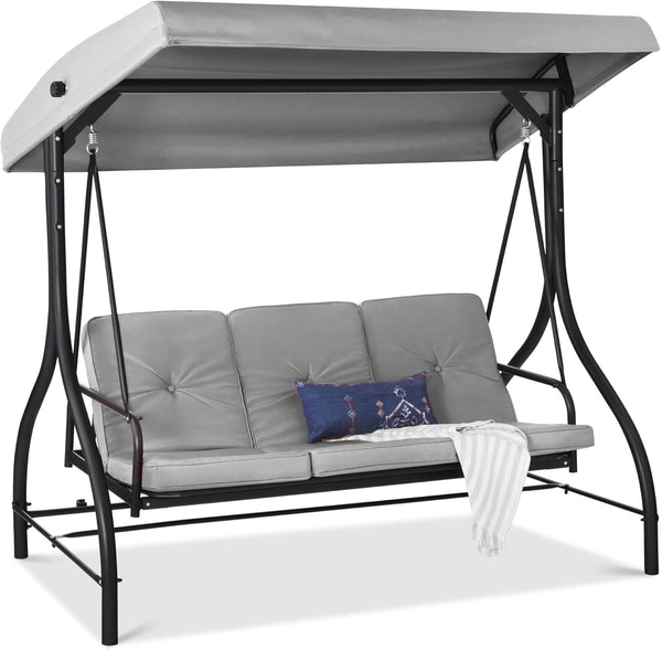 3-Seat Outdoor Large Converting Canopy Swing Glider, Patio Hammock Lounge Chair for Porch, Backyard w/Flatbed, Adjustable Shade, Removable Cushions - Fog Gray - J150