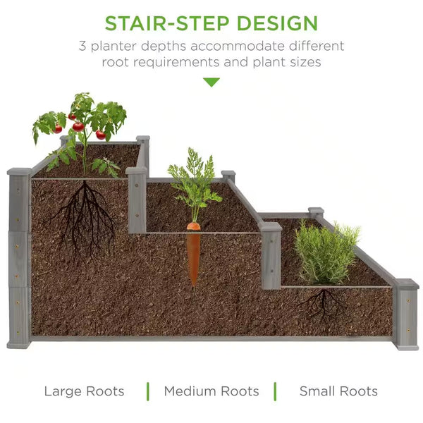 4 ft. x 4 ft. 3-Tier Wooden Raised Garden Bed Planter Kit for Plants, Vegetables, Outdoor Gardening - Gray -K3-0387