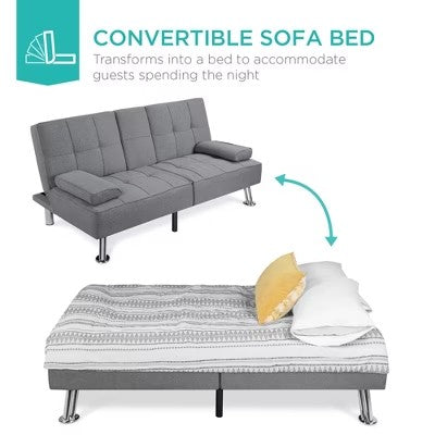 Best Choice Products Modern Linen Convertible Futon Sofa Bed w/ Removable Armrests, Metal Legs, Cupholders - Gray - H7 - 113