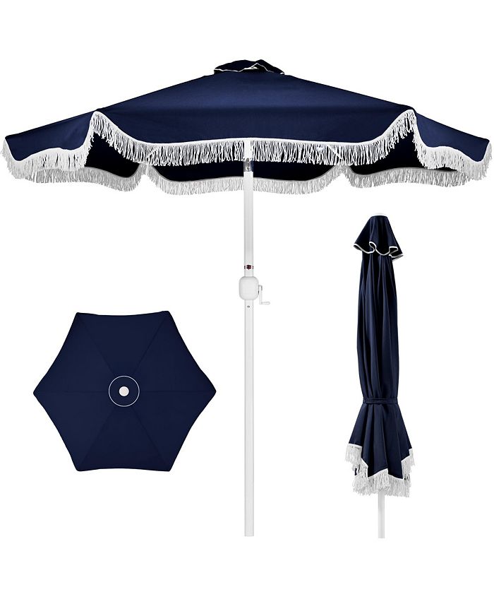 Best Choice Products 9ft Fringe Market Umbrella   Boho Patio Sunshade w/ Tilt, UPF50+, Steel Pole for Table, Pool, Deck - Blue -L7-0453