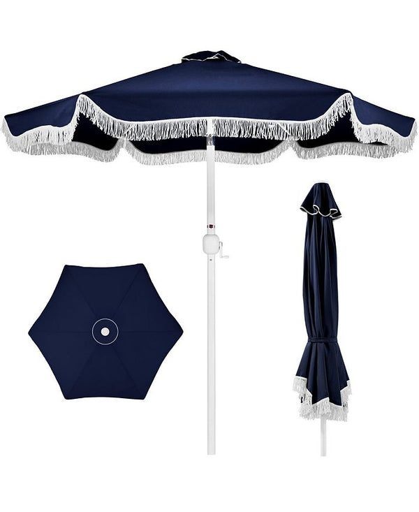 Best Choice Products 9ft Fringe Market Umbrella   Boho Patio Sunshade w/ Tilt, UPF50+, Steel Pole for Table, Pool, Deck - Blue -L7-0453