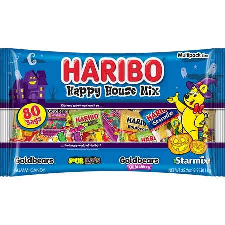 HARIBO Happy House Mix Halloween Assorted Fruit Flavor and Shapes Gummy Candy, 32oz Bag, 80ct Mini Gummy Pouches C83