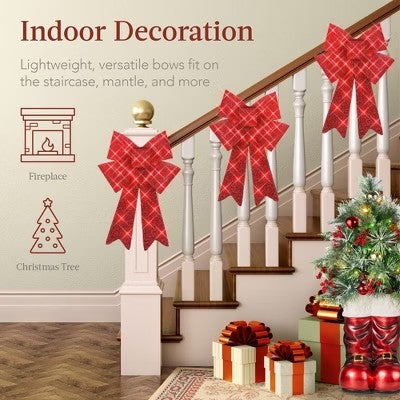 Best Choice Products Set of 3 Pre-Lit Christmas Bows, Indoor/Outdoor LED Holiday Decor w/ 8 Light Functions - Red - E4 - 975