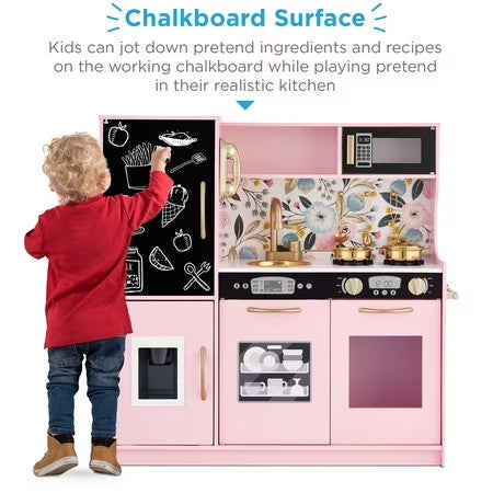 Best Choice Products Pretend Play Kitchen Wooden Toy Set for Kids w/ Telephone, Utensils, Oven, Microwave- Pink Floral -L1-0331