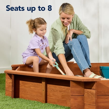 Best Choice Products Kid's Octagonal Wooden Outdoor Sandbox w/ Benches, 8 Seats, Cover, XL Sandpit, Liner - Brown - L7 - 1558
