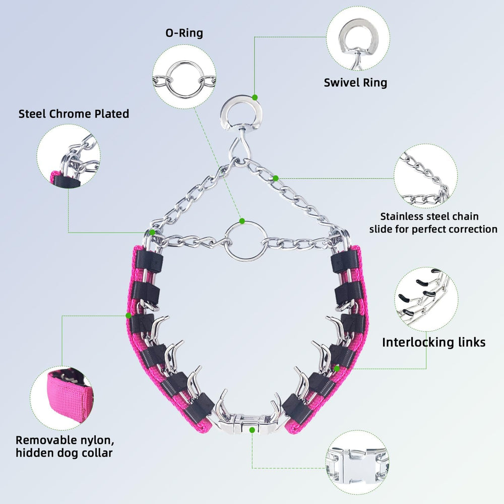 Prong Training Collar for Dogs, Adjustable Dog Pinch Collar with QuickRelease Buckle, Dog No Pull Collar for Small Medium Large Dogs, 2 Extra Link and 20pc Caps (Pink, XL(23-27" Neck, 4.0mm)) -K10-0678