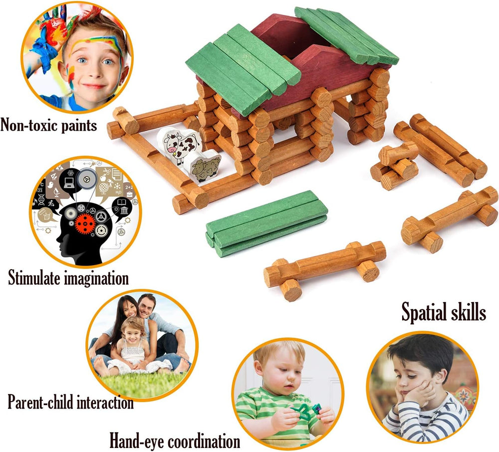 Wondertoys 170 Pieces Wood Logs Set Ages 3+, Classic Building Log Toys for Boy, Creative Construction Engineering Educational Gifts 1354