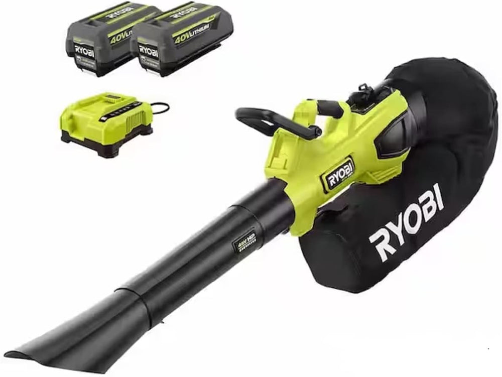 RYOBI 40V HP Brushless 100 MPH 600 CFM Cordless Leaf Blower/Mulcher/Vacuum with (2) 4.0 Ah Batteries and Charger Green - 1410