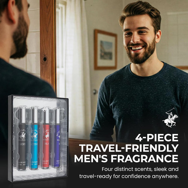 Beverly Hills Polo Club EDT Pen Spray Collection - Set of 4 Men's Fragrance Gift Set - Active, Sexy, Blaze and Blue Scent - Long-Lasting, Travel-Friendly Cologne for Men (10ml Each) -F6-0046