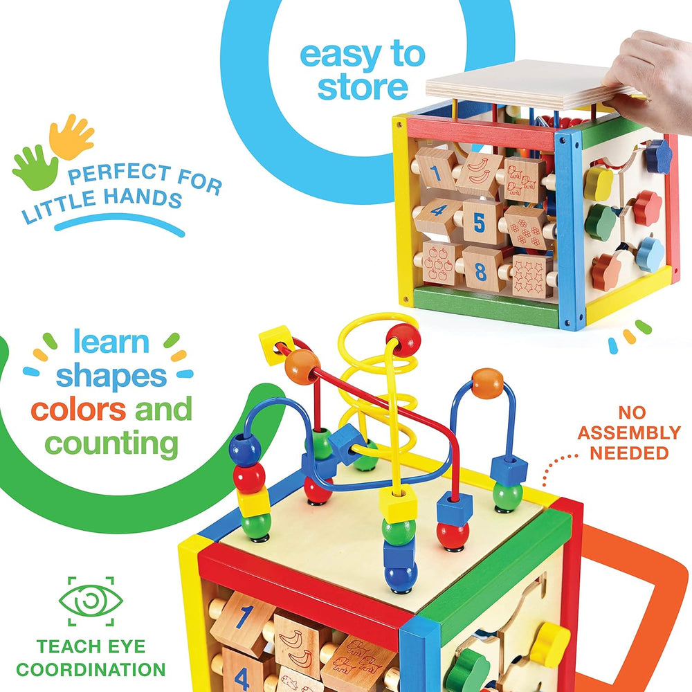 Play22 Wooden Activity Cube for Baby - 6 in-1 Baby Activity Play Cube with Bead Maze, Shape Sorter, Abacus Counting Beads, Counting Numbers, Sliding Shapes, Removable Bead Maze, 8Pcs Stacking Cups - B4 - 1368