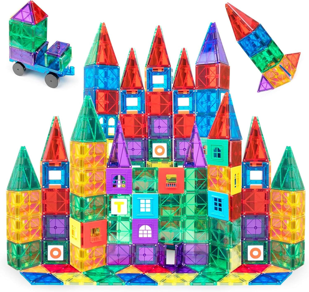 Playmags Magnetic Tiles for Kids 100-Piece Set, STEM Educational Building Blocks Toys for Kids, Includes Click-in ABC Learning Tiles, Gift for Boys & Girls, Add on Magnetic Figures, Car Set Available - K4 - 406