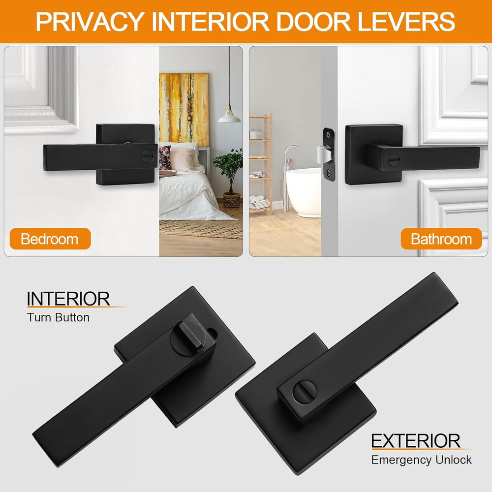 Sopoby 10 Pack Matte Black Door Handles Privacy Door Levers, Keyless Interior Door Knobs Square Door Levers Heavy Duty Door Locks for Bedroom Bathroom, Reversible Flat Levers 1946