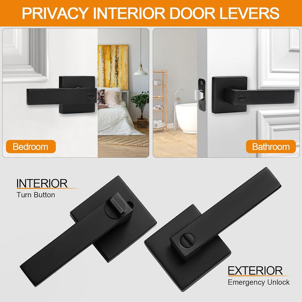 Sopoby 10 Pack Matte Black Door Handles Privacy Door Levers, Keyless Interior Door Knobs Square Door Levers Heavy Duty Door Locks for Bedroom Bathroom, Reversible Flat Levers 1946