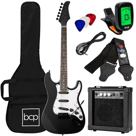 Best Choice Products 39in Full Size Beginner Electric Guitar Kit with Case, Strap, Amp, Whammy Bar - Jet Black -F1-1602