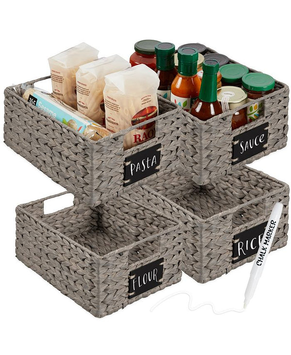 Best Choice Products Set of 4 12in Woven Water Hyacinth Pantry Baskets w/ Chalkboard Label, Chalk Marker - Gray -E4-1963