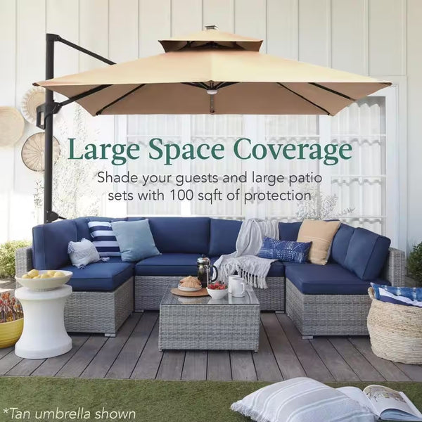 10 ft. Solar LED 2-Tier Square Cantilever Patio Umbrella with Base Included in Ivory - TR - 279