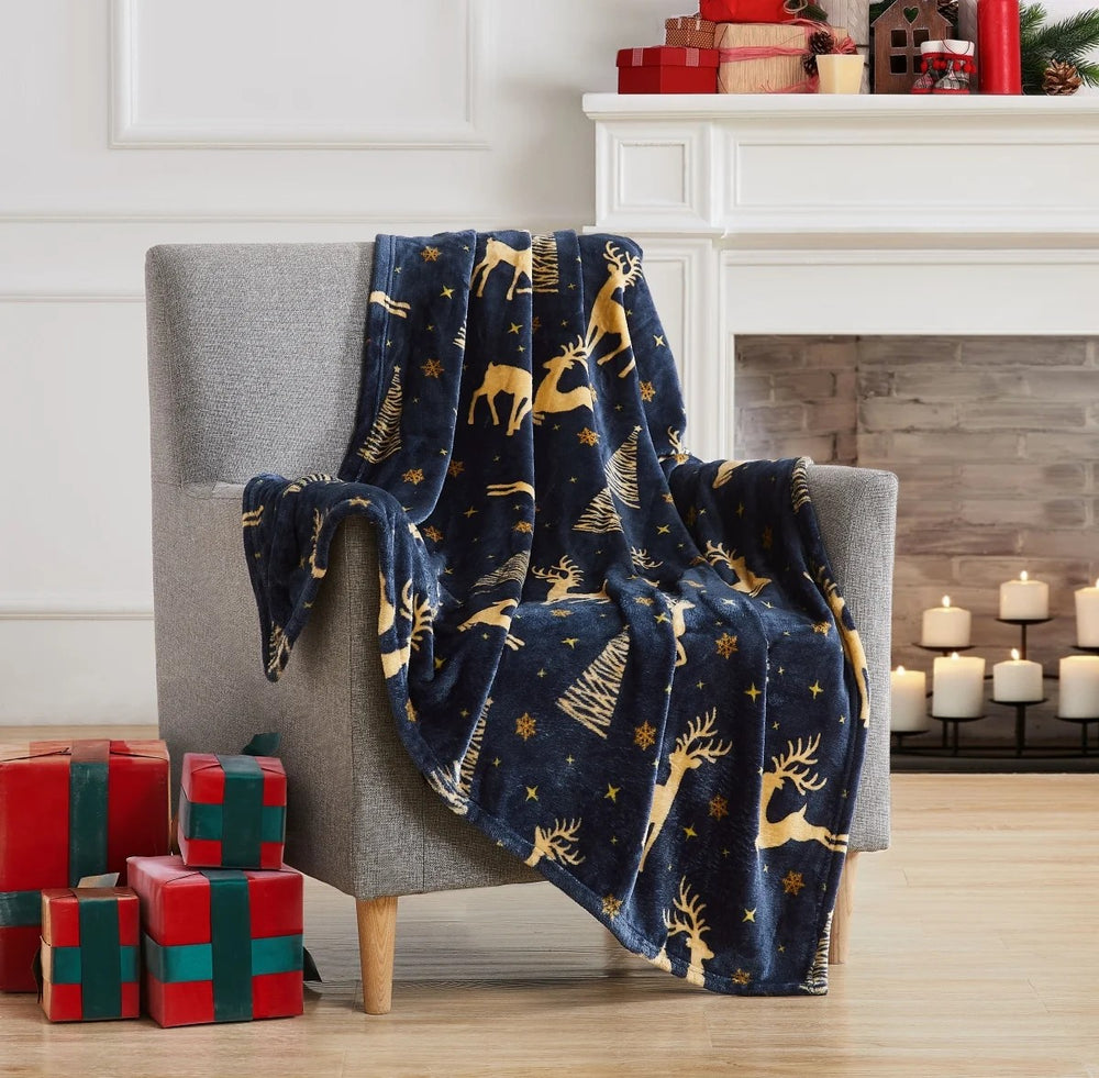 RT Designers Collection THGR238 50 x 60 in. Golden Reindeer Printed Flannel Throw -j8-0225-K7-0066 -A1-0429