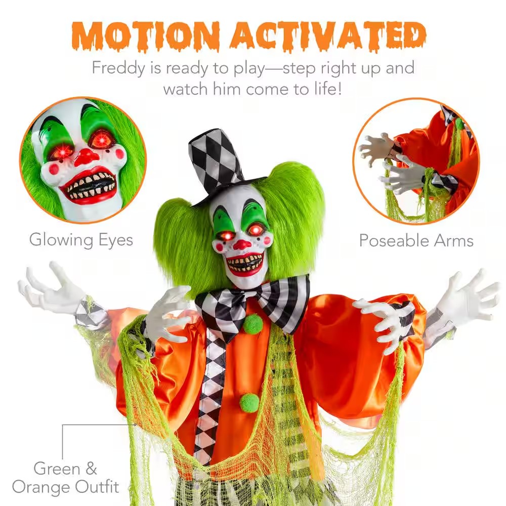Funhouse Freddy 5.5 ft. Motion activated Animatronic Standing Killer Clown Outdoor Halloween Decoration -C5-00410
