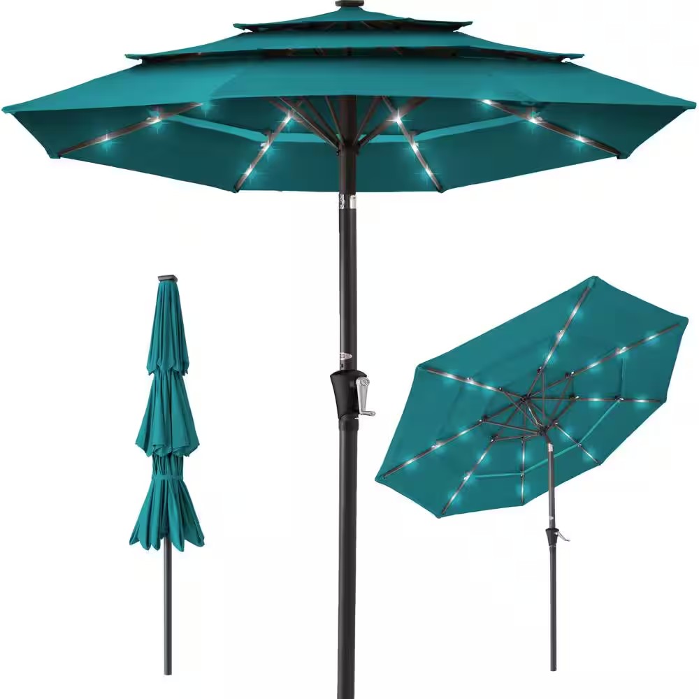 10 ft. Steel Market Solar Tilt Patio Umbrella with 24 LED Lights, Tilt Adjustment, Easy Crank in Cerulean - 1583