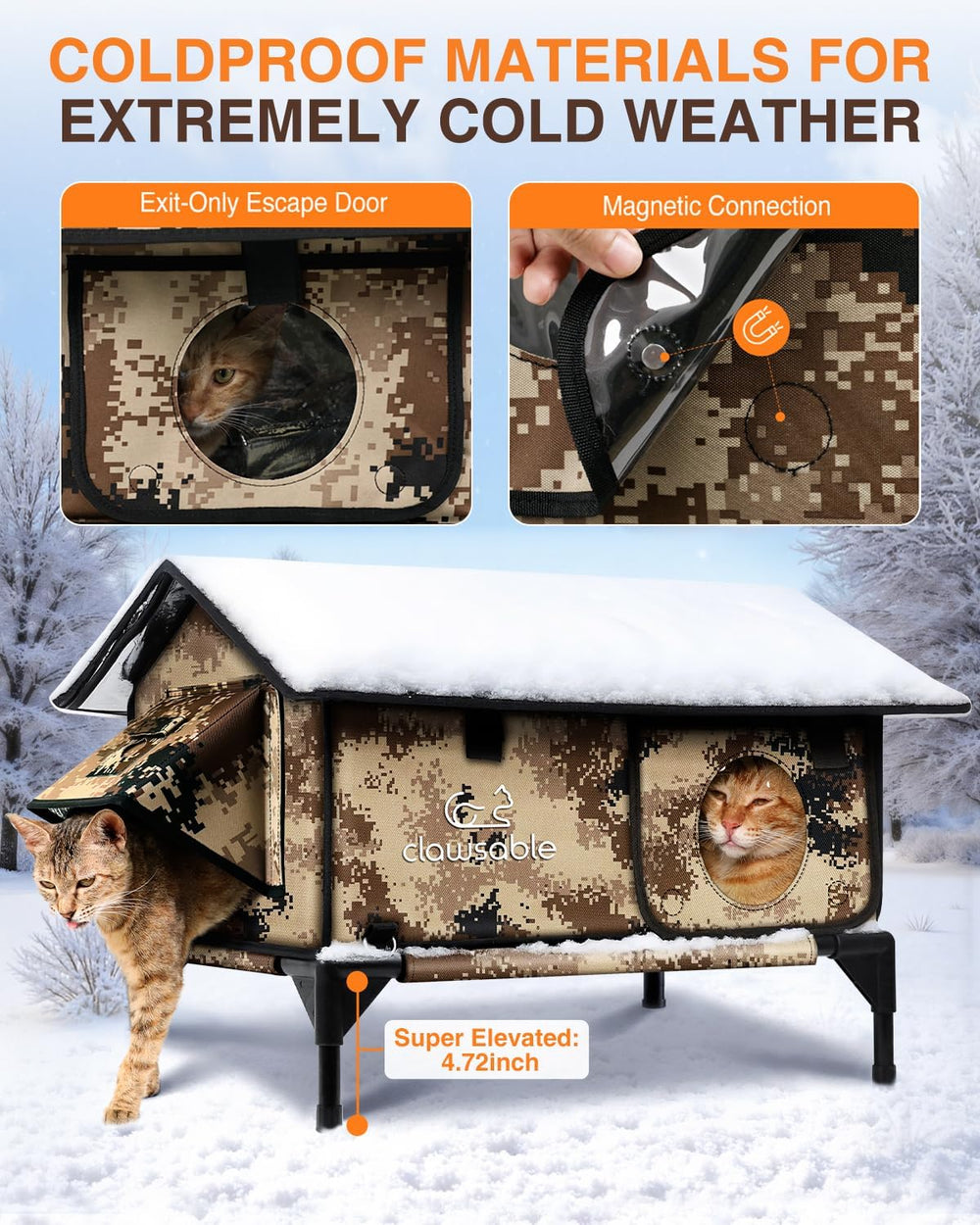 Indestructible Gable Roof Heated Cat House for Outside Winter, 100% Waterproof, Safe Escape Door, Insulated Outdoor Cat Shelter with Heater for Feral Barn Cat Kitty (Desert Camouflage, 24"x16"x19") - J12 - 642