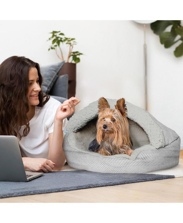 Details Pet Cave Bed, Calming Hooded Dog Bed with Pouch for Small Dogs and Cats, Herringbone Canvas Fleece Deep Dish - Gray - Large - L11 - 505
