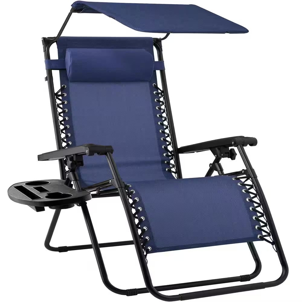 Zero Gravity Folding Reclining Navy Blue Fabric Outdoor Lawn Chair with Canopy Shade, Headrest Tray - K21