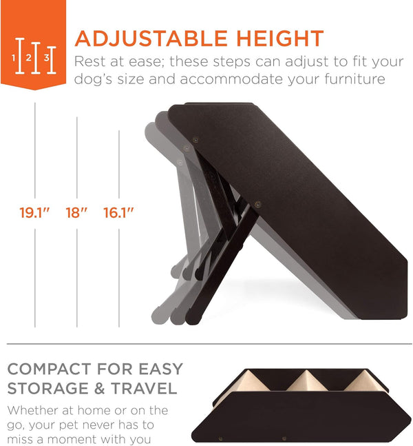 Best Choice Products 3-Step Foldable Adjustable, Non-Slip Wide Wooden Pet Stairs for Living Room, Bedroom, Dog & Cat Sizes Small, Medium, Large w/Carpet, No Assembly, Ideal for Injured, Elderly Pets - L1 - 1944