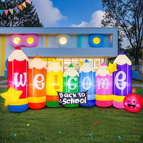 9FT Graduation Kindergarten and Back to School Inflatable Decoration with Built-in LED Lights   Blow-Up Colored Pencils Design for First Day of School Party Decor for Outdoor, Garden, Yard Lawn 1332
