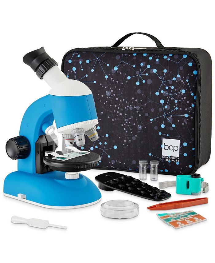 Best Choice Products Kids 30-Piece Microscope STEM Set w/ Carrying Case, Up To 1200x Zoom - Blue -J5-0430