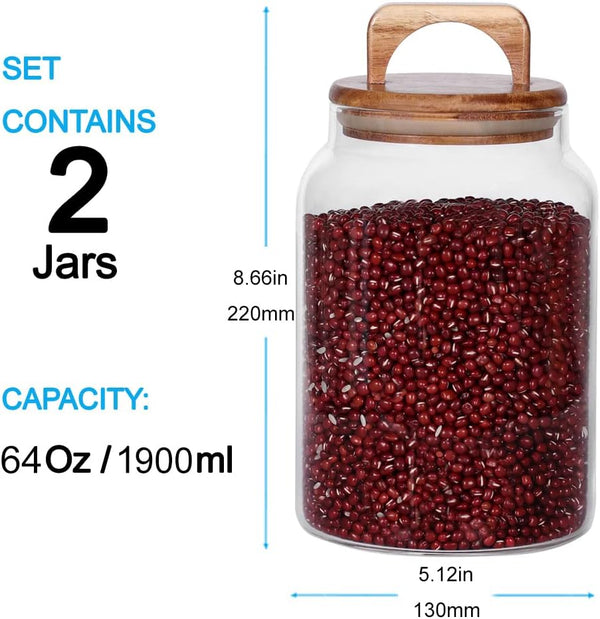 SAIOOL Canister Set of 2, Glass Kitchen Canisters with Airtight Acacia Lid, Tall Clear Airtight Food Storage Jar, Kitchen Pantry Storage Container for Noodles Flour Cereal Coffee - E1 - 937