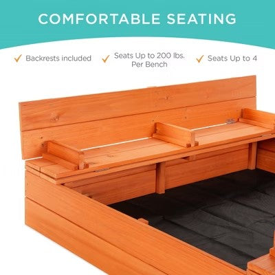 Best Choice Products 47x47-Inch Kids Wooden Outdoor Sandbox w/ 2 Foldable Bench Seats, Sand Protection, Liner - Brown - D2-0459