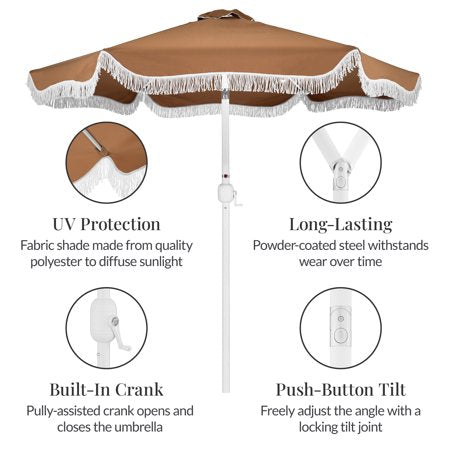Best Choice Products 9ft Fringe Market Umbrella Boho Patio Sunshade w/ Tilt, UPF50+ - Tan - L2 - 346
