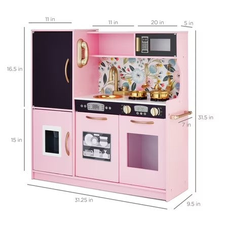 Best Choice Products Pretend Play Kitchen Wooden Toy Set for Kids w/ Telephone, Utensils, Oven, Microwave- Pink Floral -L1-0331