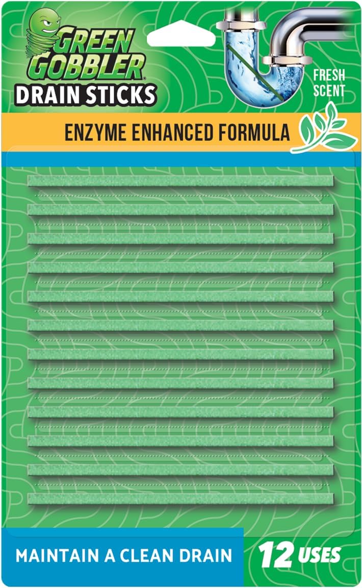 Green Gobbler Drain Cleaner and Deodorizer Sticks with Enzymes - Maintain a Clean Drain, Safe for Pipes and Septic Tanks, Use Monthly - 12 Pack 1352