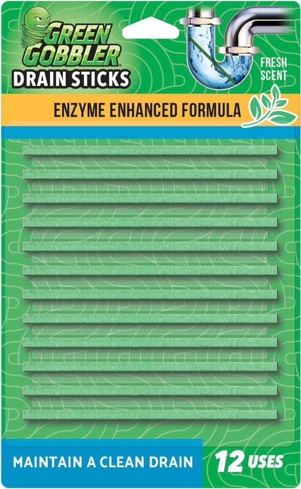 Green Gobbler Drain Cleaner and Deodorizer Sticks with Enzymes - Maintain a Clean Drain, Safe for Pipes and Septic Tanks, Use Monthly - 12 Pack 1352