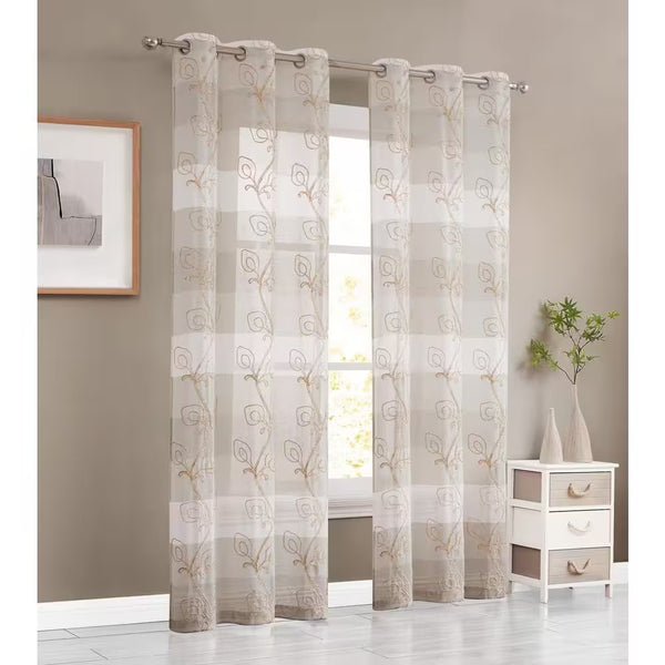 Silvia 76 in. W x 96 in. L Embroidered Sheer Floral Window Curtain in Linen -K9-0544