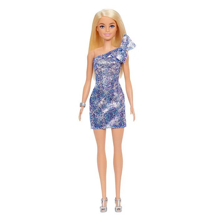 Barbie Blonde Hair Blue Eyes with Short Blue Sequins Mini Dress and Silver Platform Shoes - 470