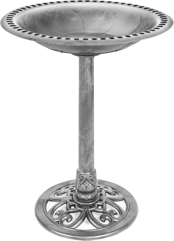28in Pedestal Bird Bath w/ Fleur-de-Lis Accents — Stone — H26