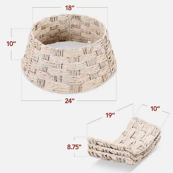 24 in. Basket Woven Hyacinth Christmas Cellulose Tree Collar, Skirt Accessory with Cord Cut-Out in White Washed -E3-1946