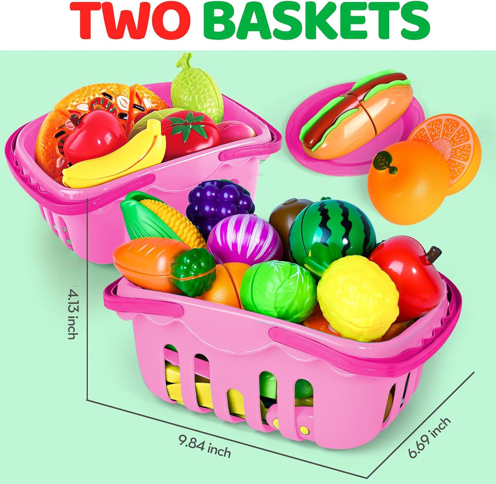 Shemira 100 PCS Cutting Play Food Toy for Kids Kitchen, Pretend Food Toys for Toddlers, Play Kitchen Toys Accessories with 2 Baskets, for 3 4 5 Years Old Boys Girls, Pink 1342