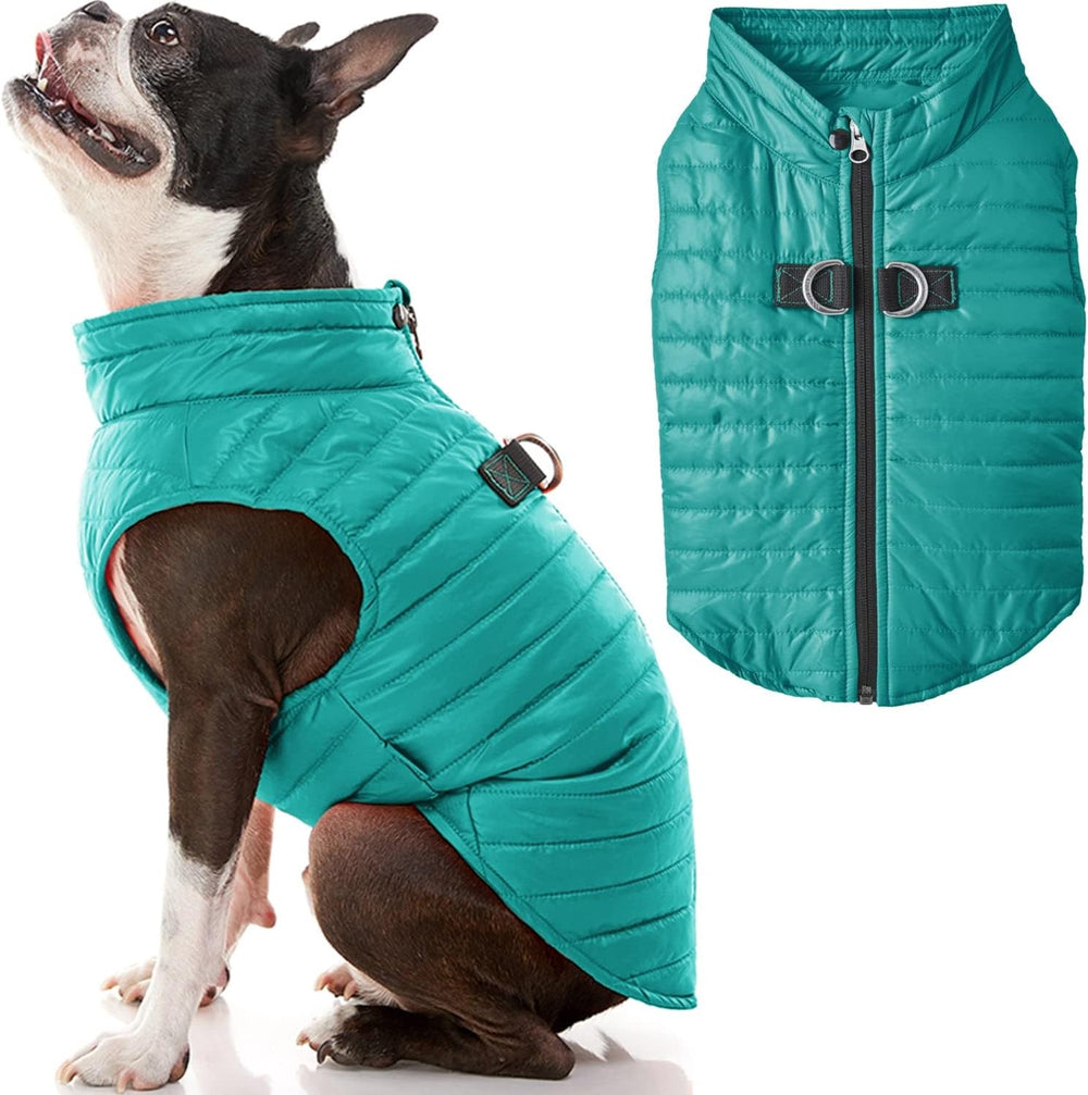 Gooby Puffer Vest - Turquoise, Medium Zip Up Windbreaker with D Ring Leash - Water Resistant Dog Sweater Coat for Small Dogs - L14 - 639