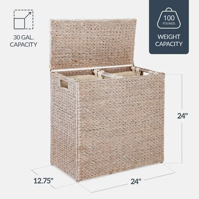 Best Choice Products Large Natural Water Hyacinth Double Laundry Hamper Basket w/ 2 Liner Bags, Handles - Whitewash 1740