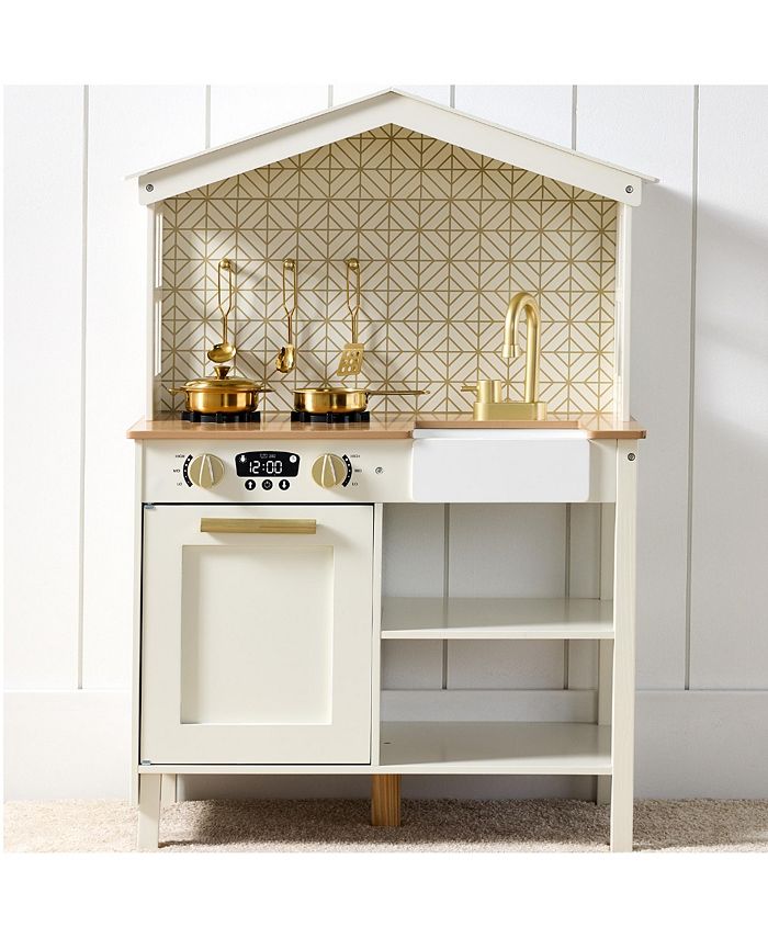 Pretend Play Wooden Farmhouse Kitchen Set w/ Storage, Clicking Knobs, 5 Accessories - Tan/Beige - No Size - 330