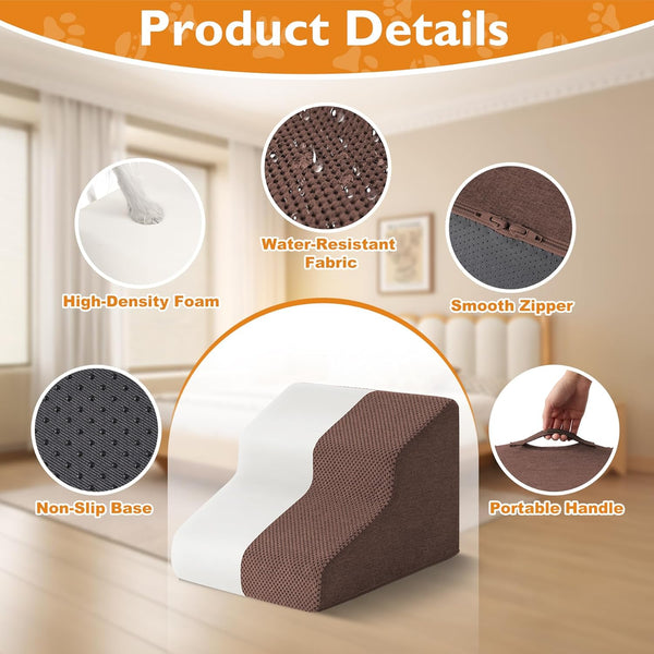 Dog Stairs for Small Dogs 11.5  H, 2-Step Dog Steps for Bed, Pet Stairs and Ramp for Dogs and Cats to Get on Beds, Couch, Non-Slip Balanced Pet Steps with Waterproof Cover, Brown - J3 - 1985