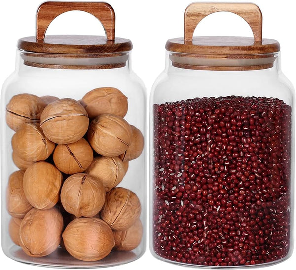 SAIOOL Canister Set of 2, Glass Kitchen Canisters with Airtight Acacia Lid, Tall Clear Airtight Food Storage Jar, Kitchen Pantry Storage Container for Noodles Flour Cereal Coffee - E1 - 937