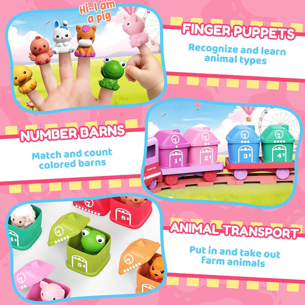 Learning Toys for Toddlers 1 2 3 Year Old,Electric Farm Train Set for Girls 2-4,Counting Matching & Sorting Montessori Train Toy with Farm Animals, Music, Light, Christmas Birthday Gift Baby (Pink) 1386
