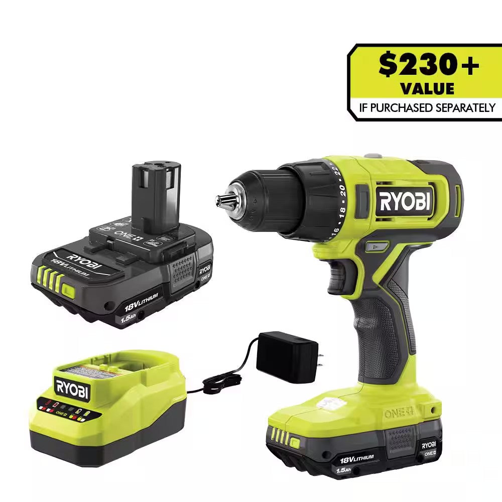 RYOBI ONE+ 18V Cordless 1/2 in. Drill/Driver Kit with (2) 1.5 Ah Batteries and Charger 452