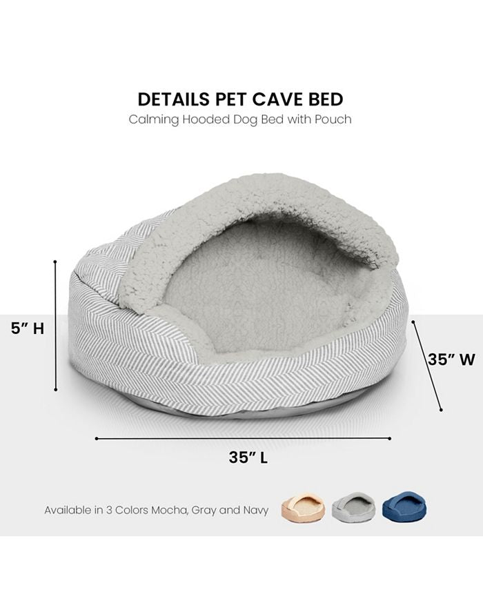 Details Pet Cave Bed, Calming Hooded Dog Bed with Pouch for Small Dogs and Cats, Herringbone Canvas Fleece Deep Dish - Gray - Large - L11 - 505