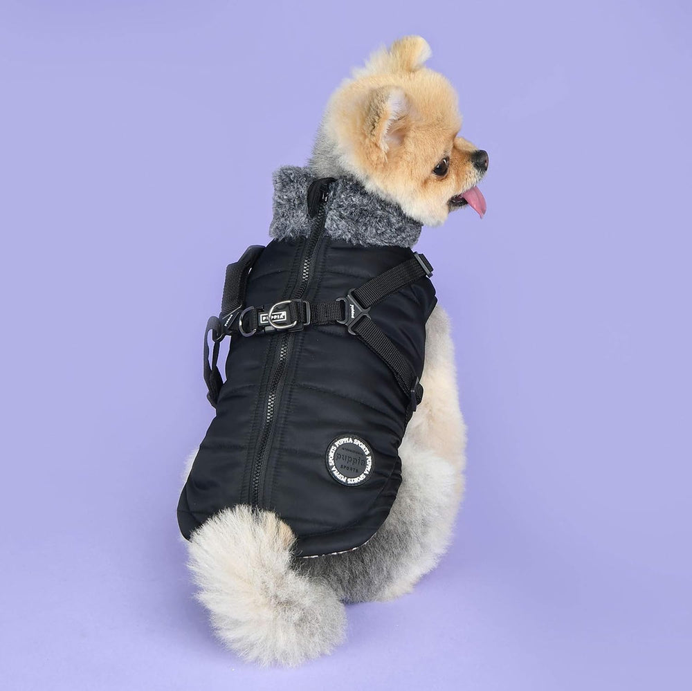 Puppia Donavan Winter Dog Coat with Integrated Harness No Pull Cold Weather Waterproof Warm Fleece Back Zipper, Black, Large - L14 - 624