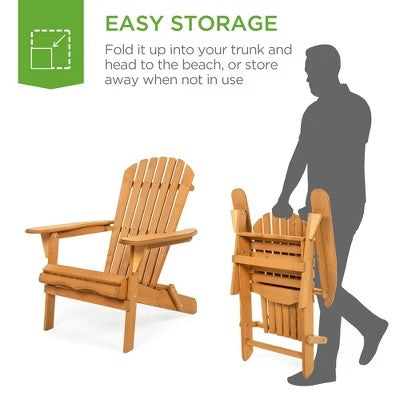 Best Choice Products Folding Adirondack Chair Outdoor Wooden Accent Lounge Furniture for Yard, Patio w/ Natural Finish - G9 - 1028
